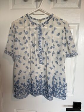 Max Studio White Blouse with Blue Floral Trim